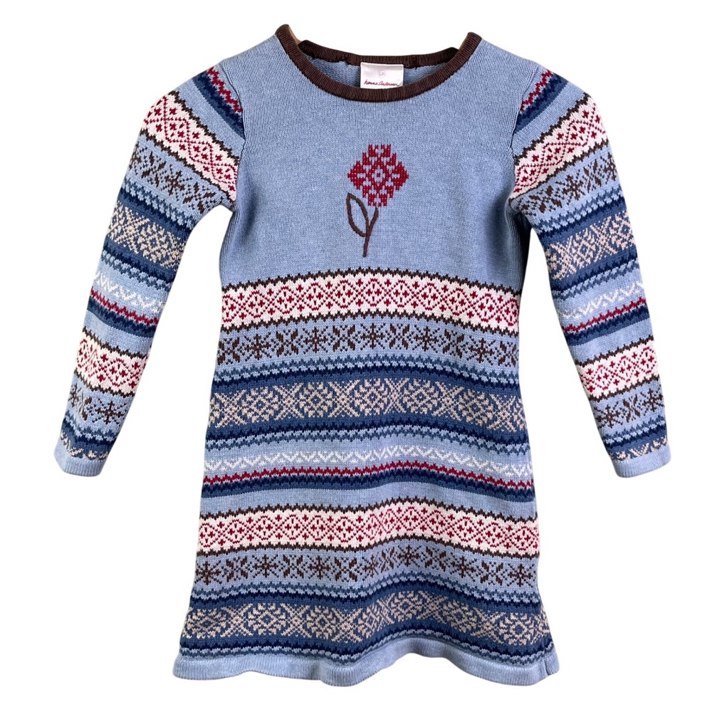 Hanna Andersson Highland Fair‎ Isle Blue Heavy Knit Sweater Dress 120-6/7 READ